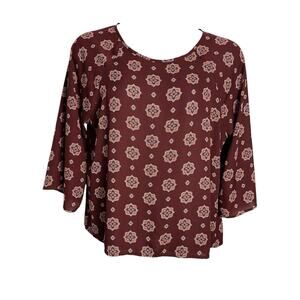 Paper Moon Shirt Women’s XXL Burgandy Floral 3/4 Sleeve Zip‎ Up Back Scoop Neck